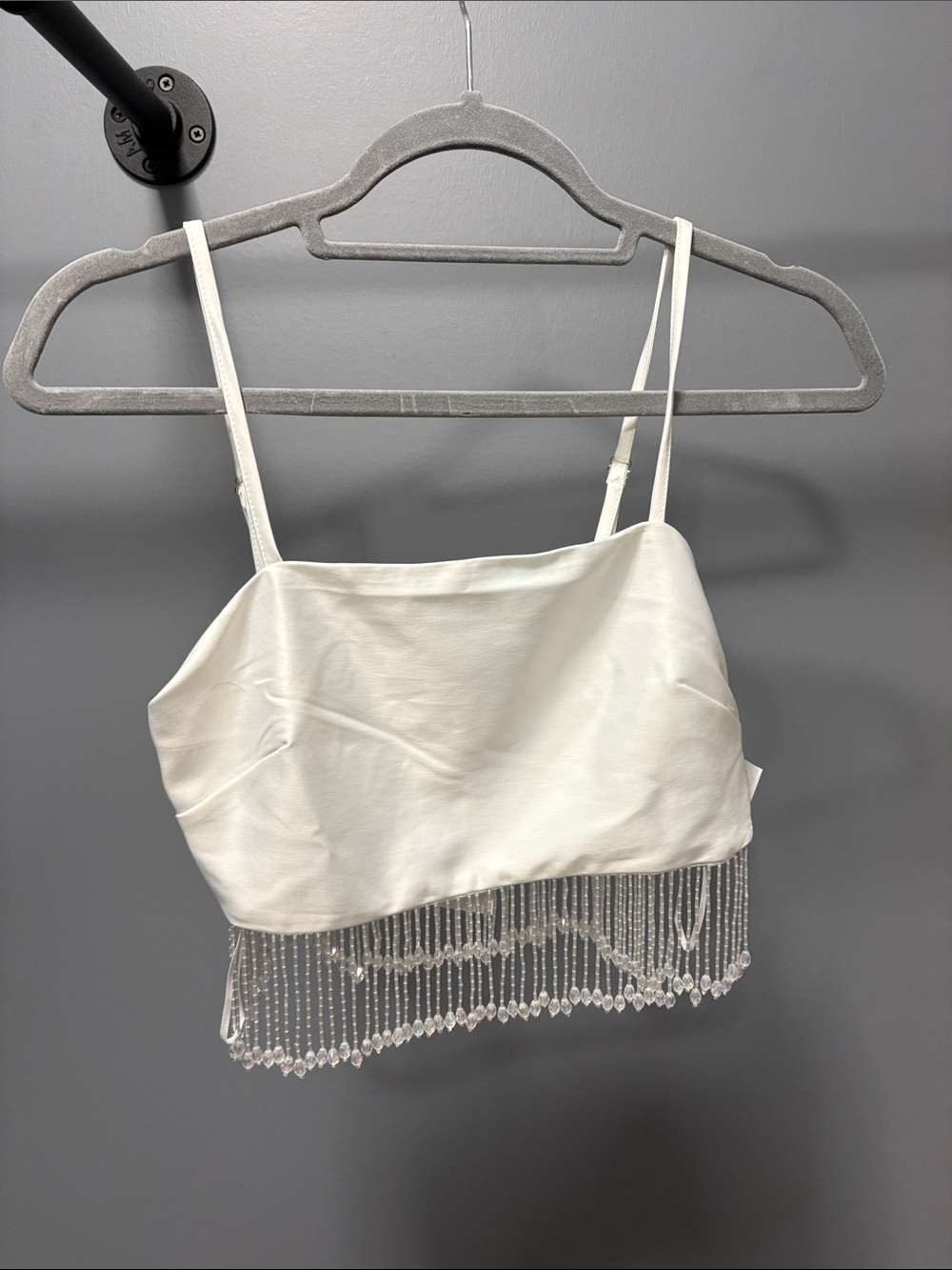 12th Tribe Beaded Fringe White Satin Crop Top